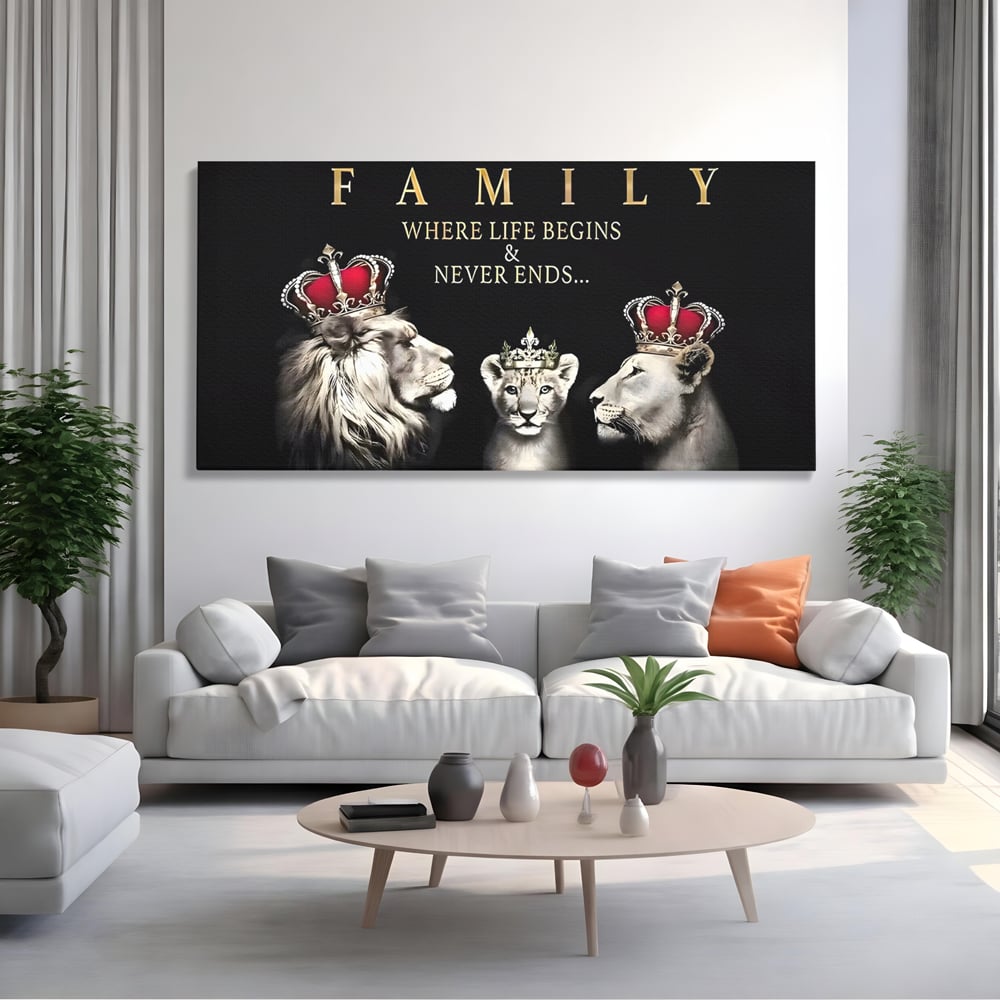 Tablou canvas cu tablou canvas cu lei rege, regina si pui, fara rama, pe sasiu de lemn, pe perete intr-un living